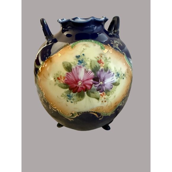 Antique Hand-Painted Cobalt Porcelain Floral Piedestal Vase Blue Florals & Gold - Picture 5 of 12
